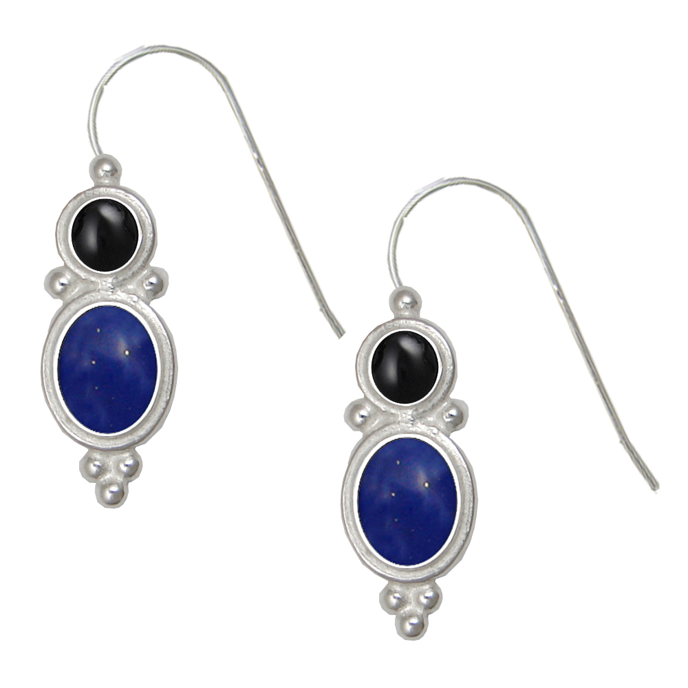 Sterling Silver Drop Dangle Earrings Lapis Lazuli And Black Onyx